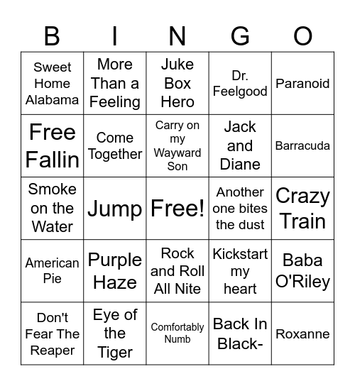 Classic Rock Songs Bingo Card