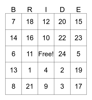 Ying Er's Bridal Shower Bingo Card