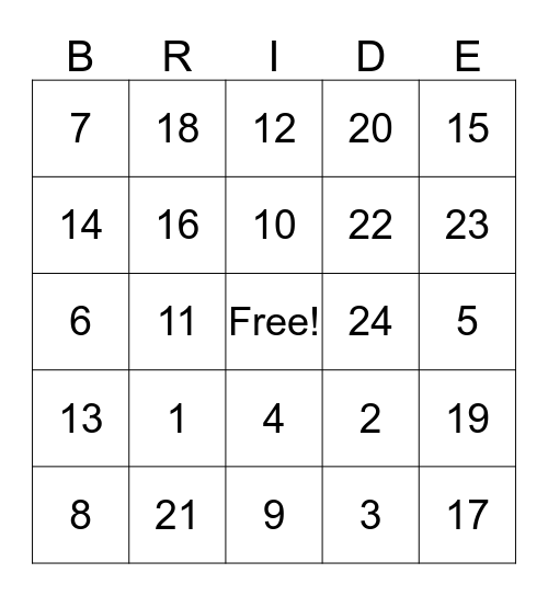 Ying Er's Bridal Shower Bingo Card