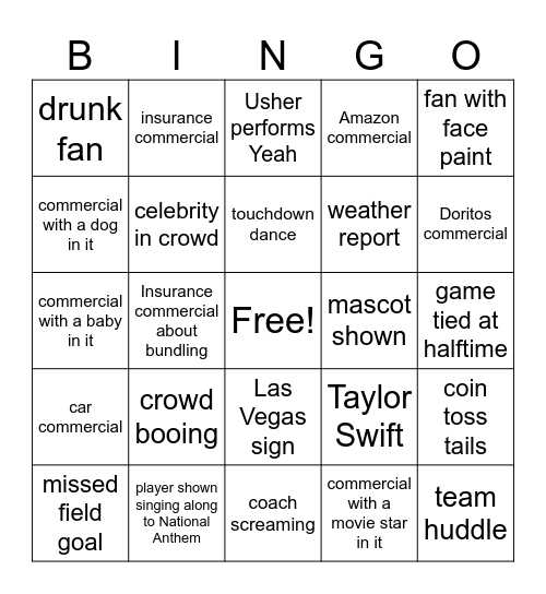 Super Bowl Bingo Card