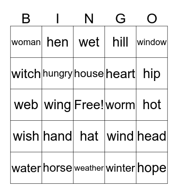 "H" & "W" words Bingo Card