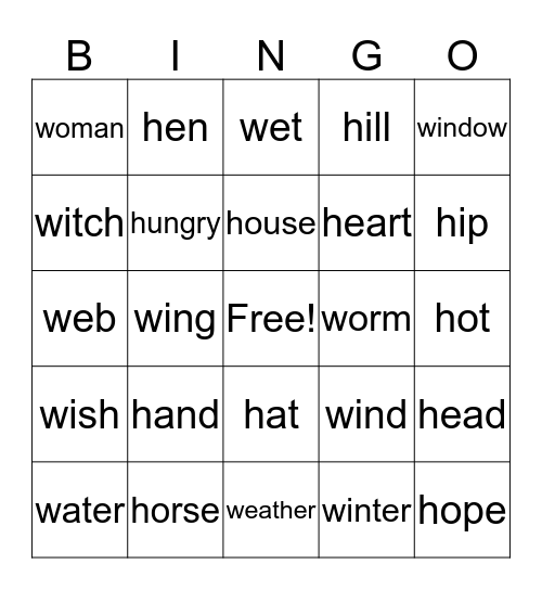 "H" & "W" words Bingo Card