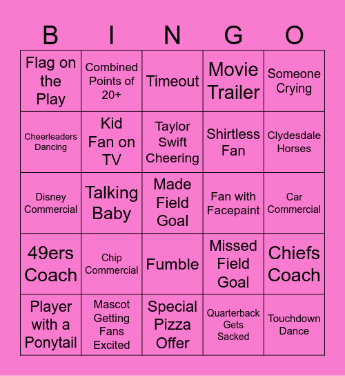 Kyla's Super Bowl Bingo Card