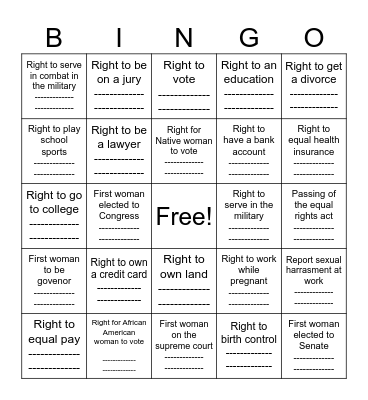 Womans Rights Bingo Card