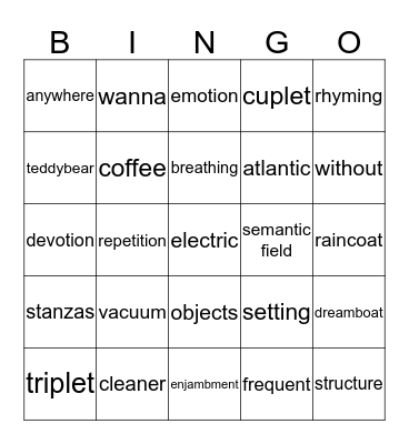 I Wanna be Yours Bingo Card