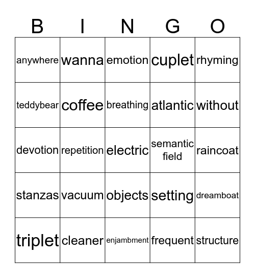 I Wanna be Yours Bingo Card