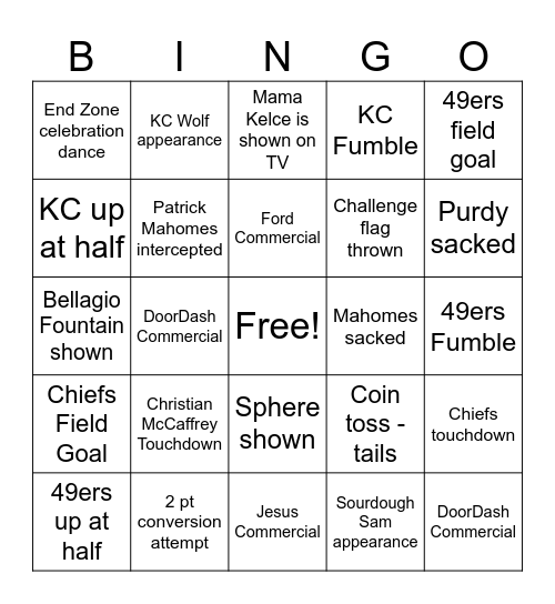 SUPER BOWL LVIII Bingo Card