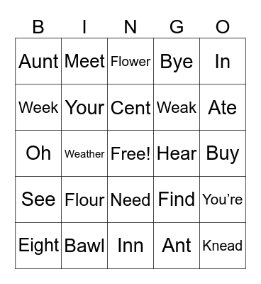 Homophone Bingo Card
