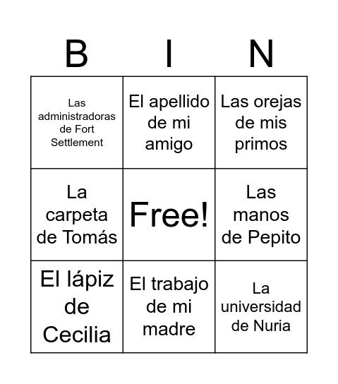El genitivo sajón Bingo Card