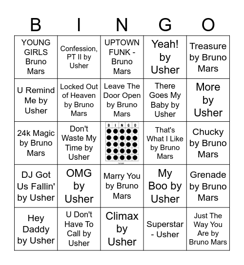 Usher vs Bruno Mars Bingo Card