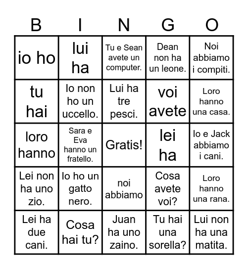 avere = to have Bingo Card