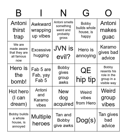 Queer Eye Tension Bingo Card