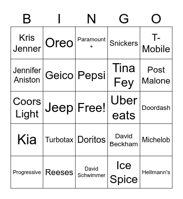 SUPER BOWL 58 Commercials Bingo Card