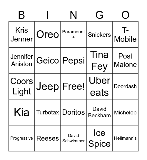 SUPER BOWL 58 Commercials Bingo Card