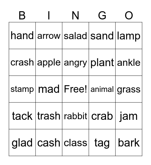 Short a Bingo Card