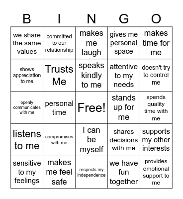 Healthy Relationships Bingo Card