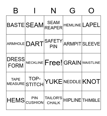 SEWING Bingo Card