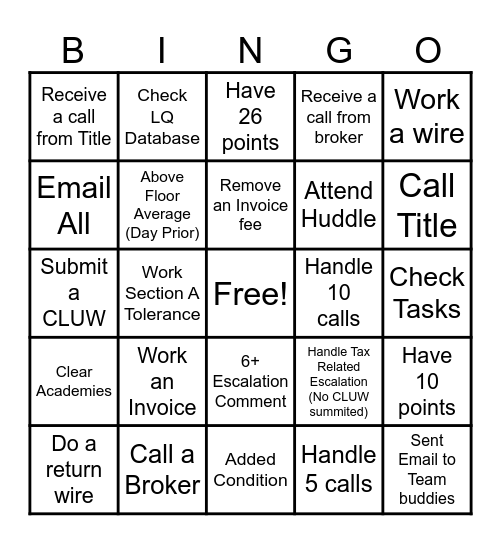 Closing (M)(T)(W)(TH)(F) Bingo Card