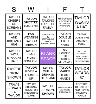 SWIFTIE BOWL 2024 Bingo Card