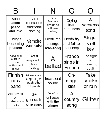 Eurovision Bingo! Bingo Card