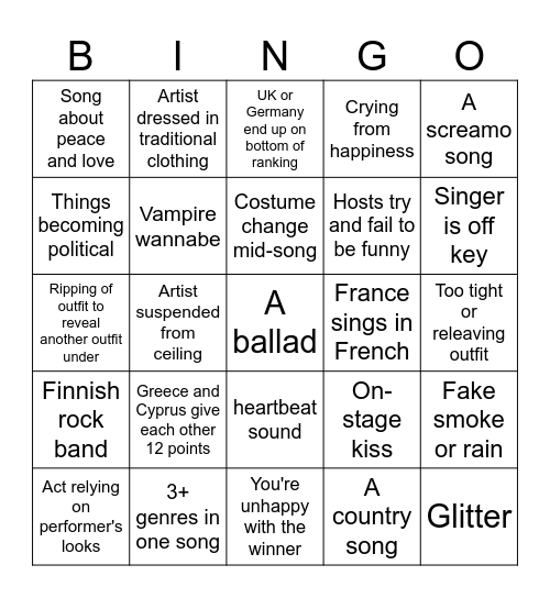 Eurovision Bingo! Bingo Card