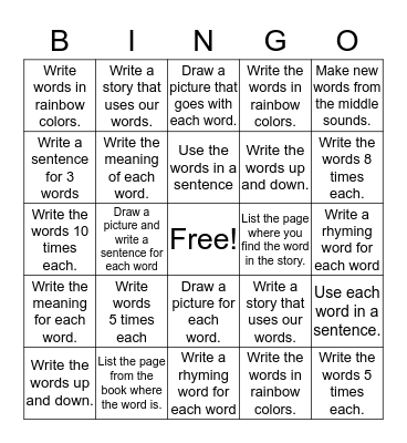 Words of the Week Bingo Card