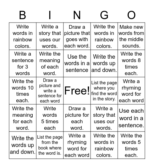 Words of the Week Bingo Card