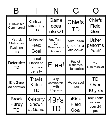 Super Bowl LVIII Bingo Card