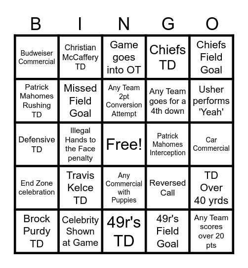 Super Bowl LVIII Bingo Card