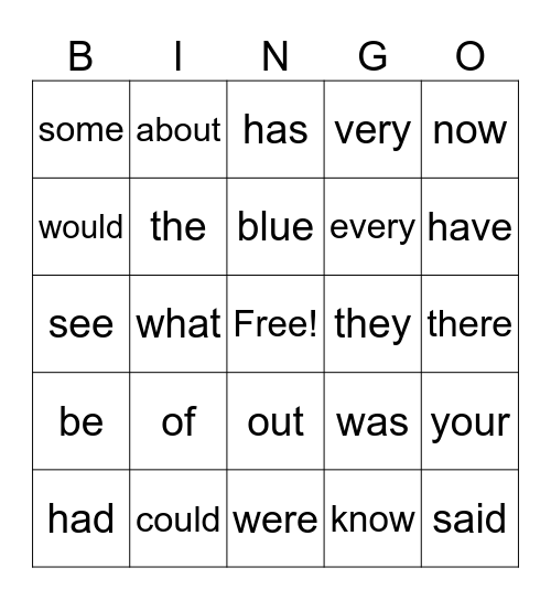 1st Grade Sight Word Bingo Card