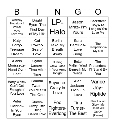Radio Bingo Love Songs Bingo Card