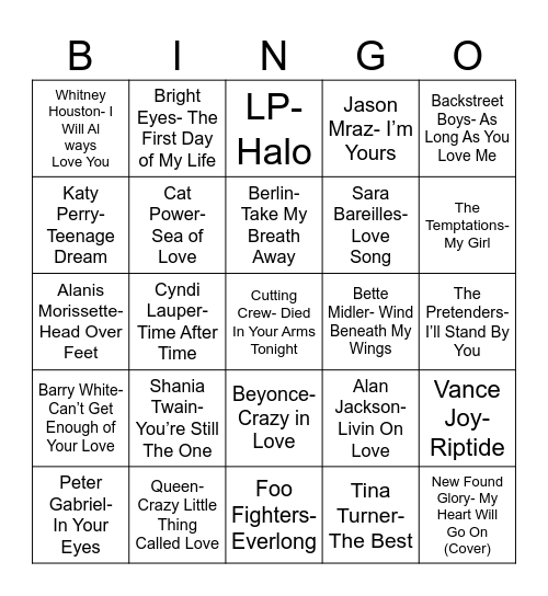 Radio Bingo Love Songs Bingo Card