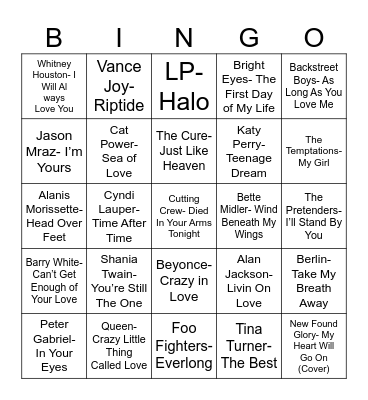 Radio Bingo Love Songs Bingo Card