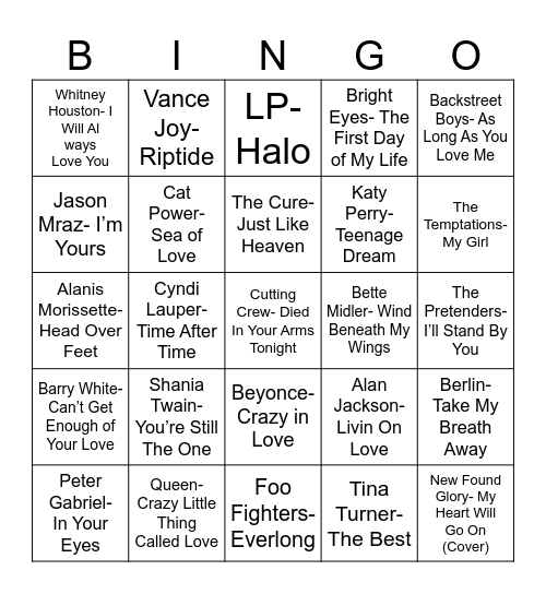 Radio Bingo Love Songs Bingo Card