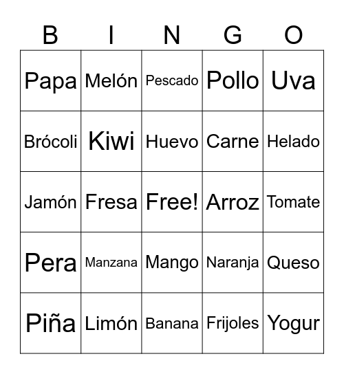 Food Bingo Card Bingo Card