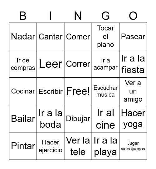 Activities Bingo Card