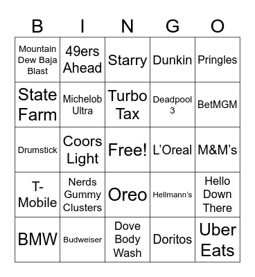 Superbowl Commercials Bingo Card