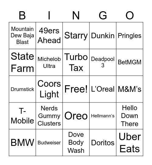 Superbowl Commercials Bingo Card