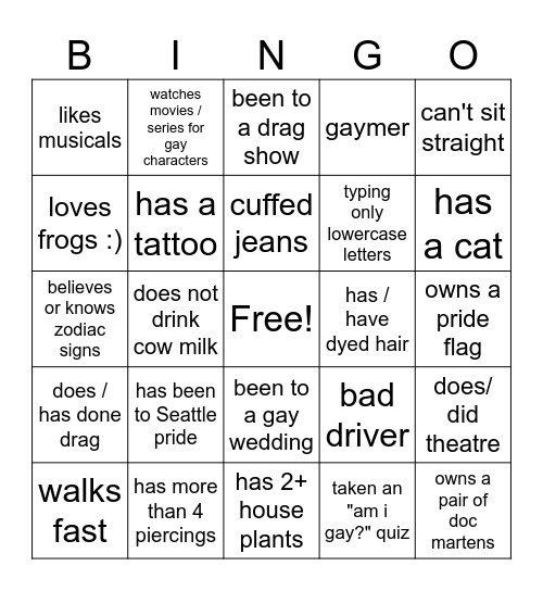 Queer Bingo Night Bingo Card