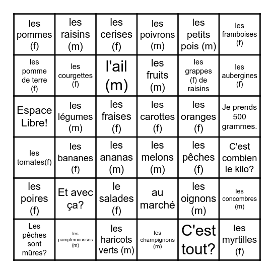 TB1 6C Au marché Bingo Card