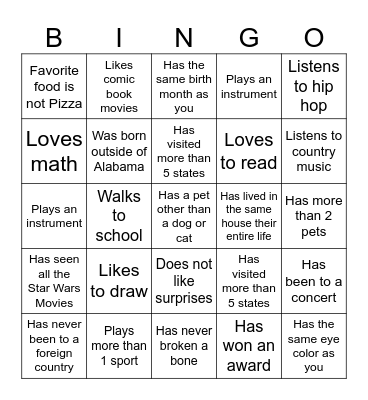 Middle School Bingo Card