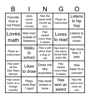 Middle School Bingo Card
