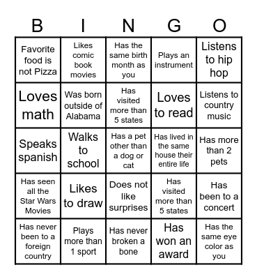 Middle School Bingo Card