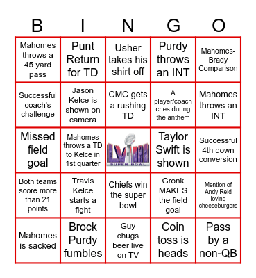 Super Bowl 58 Bingo Card