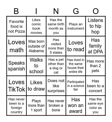 Middle School Bingo Card