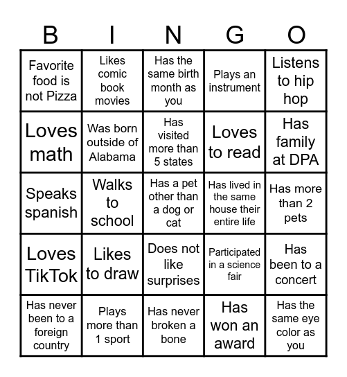 Middle School Bingo Card