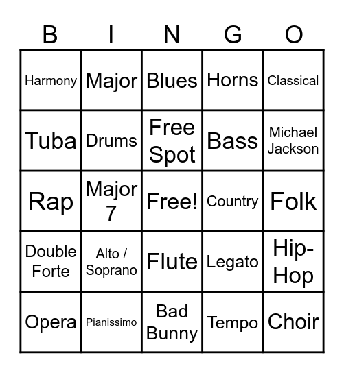 Music Upper Middle 5x5 Bingo Card