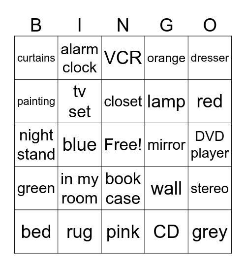 Bedroom/Color Vocabulary Bingo Card