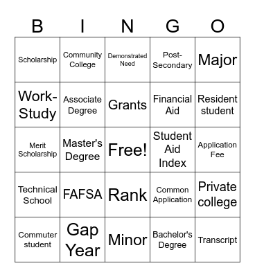 College Vocabulary Bingo Card