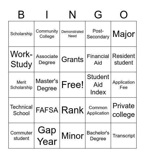 College Vocabulary Bingo Card